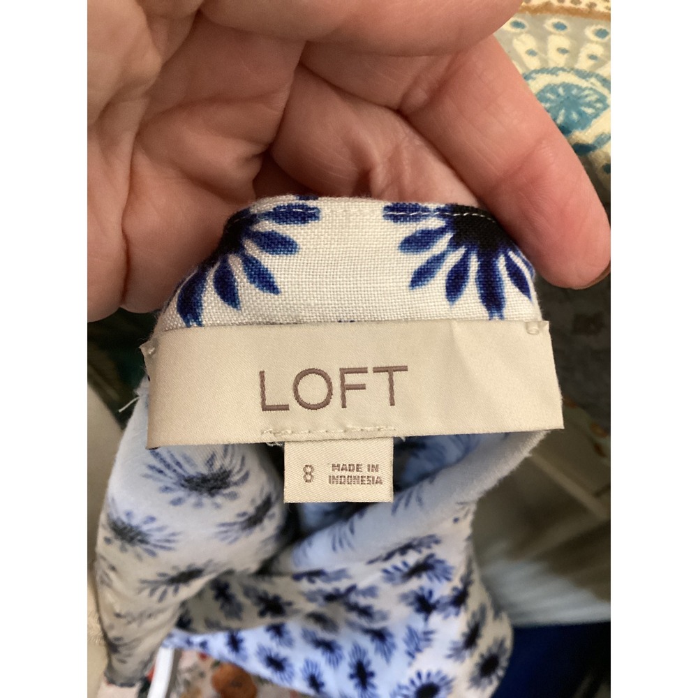 LOFT Women White Navy Blue Sunburst Floral Linen Blend Button Front Romper 8 - Picture 4 of 5
